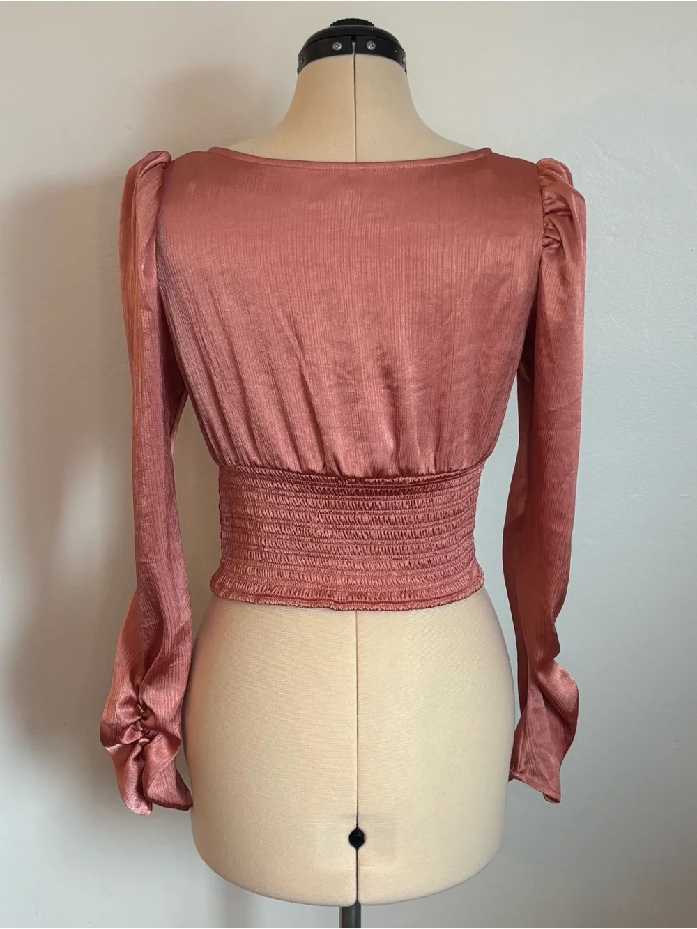 Free People Santiago Cropped Smocked Blouse in Pink Cinnamon, Long Sleeve, S